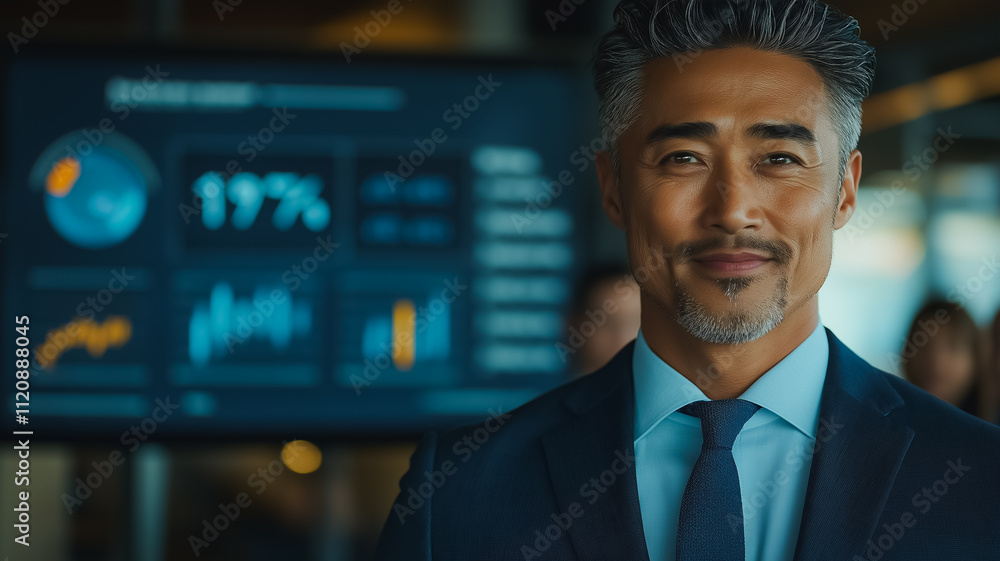 Poster a man in a suit and tie stands in front of a large monitor displaying graphs and numbers. he is focu