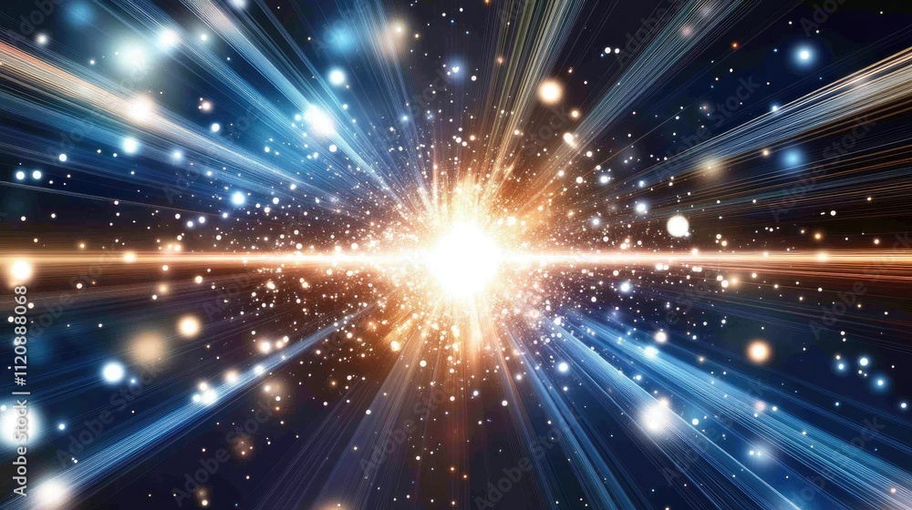 Poster abstract cosmic explosion with light rays and glowing particles