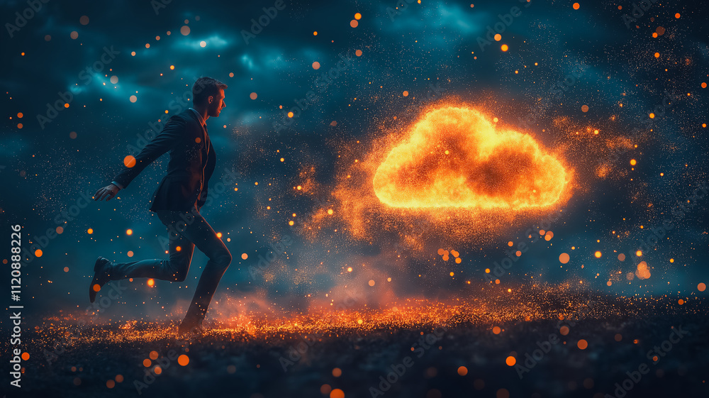 Poster a man is running through a field of fire, with a large orange cloud in the background. the scene is 
