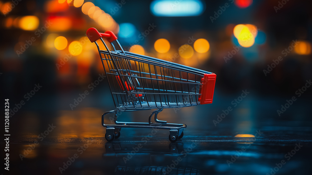 Poster a shopping cart is sitting on a wet sidewalk. the cart is empty and has a red handle. the scene is s