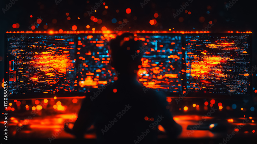 Poster a man is sitting in front of a computer monitor with a blurry face. the monitor displays a series of