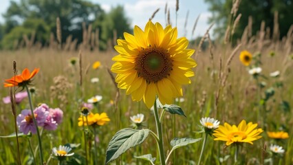 Obraz premium Vibrant Sunflower in Wildflower Meadow, Macro Photography of a Blooming Sunflower Surrounded by Colorful Flowers, Tall Grasses, and Trees. A stunning summer scene captured with exquisite