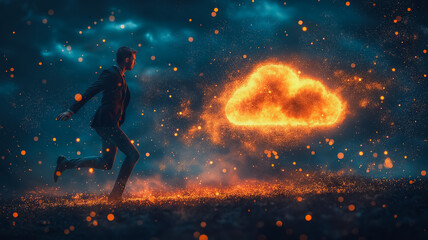 Naklejka premium A man is running through a field of fire, with a large orange cloud in the background. The scene is intense and dramatic, with the man's actions and the fiery cloud creating a sense of urgency