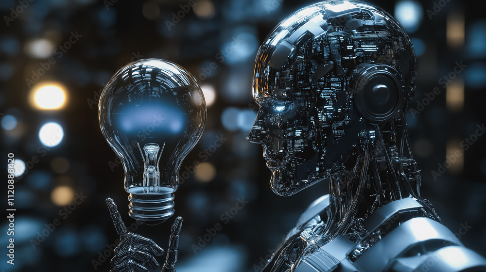 Poster a robot is holding a light bulb in its hand. the robot is surrounded by a dark background, which giv