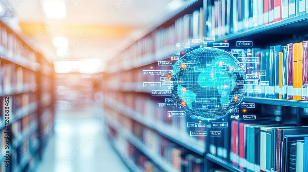 Poster a library scene featuring a digital globe, symbolizing knowledge and global connectivity.