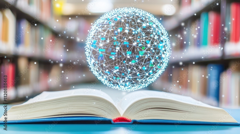 Poster an open book with a glowing network sphere above it, symbolizing knowledge and connectivity.