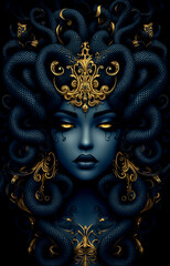A woman with a snake headdress and gold jewelry. The woman has a sad expression on her face