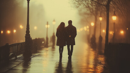 A couple walking down a street in the rain. The man is wearing a coat and the woman is wearing a scarf. The street is lit by street lamps and the couple is walking under them