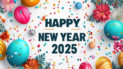 3D text "HAPPY NEW YEAR 2025" with colorful balloons and flowers on a white background, confetti flying around. New Year celebration card design. Vector illustration of a happy new year 2025 greeting 