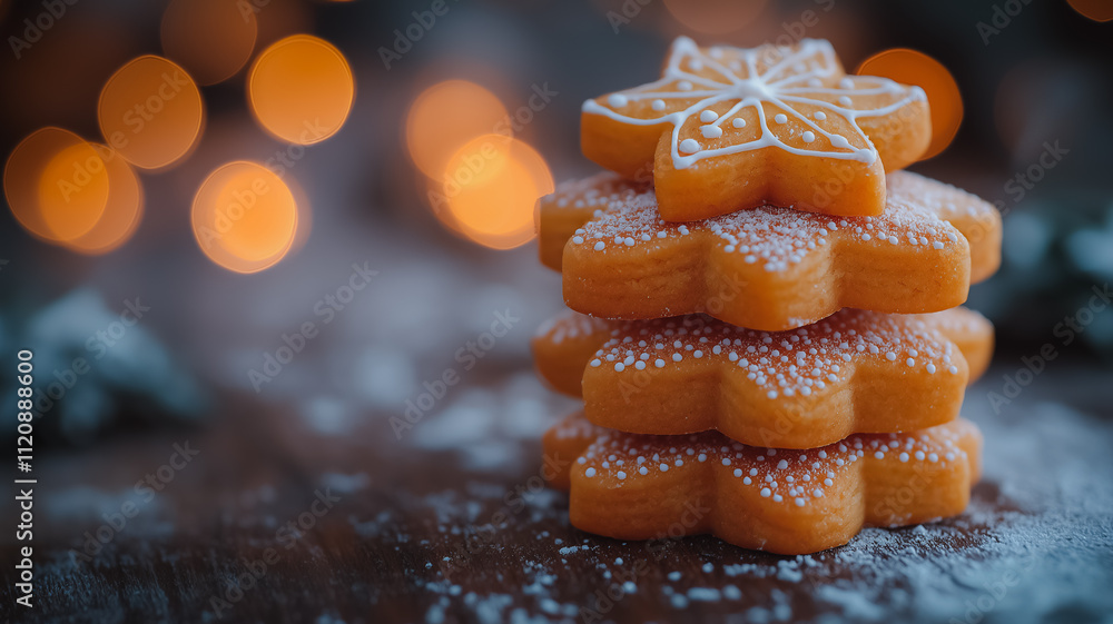 Poster a stack of orange cookies with white icing and powdered sugar. the cookies are piled on top of each 