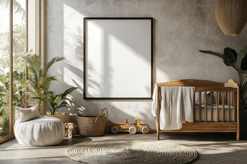 Minimalist nursery room with black-framed white posters on the wall, wooden crib, and toys, simple neutral color scheme.