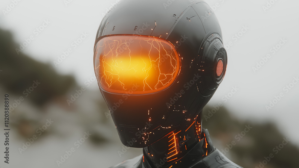 Poster a robot with a helmet on its head. the helmet is orange and has a yellow light on it. the robot is s