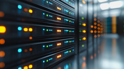 A computer server room with many servers and lights. The lights are blue and orange. The room is very dark