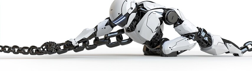 Robot straining under heavy chain.