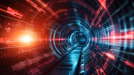 Obraz premium Futuristic Digital Tunnel with Neon Lights and Data Streams