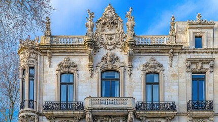 Fototapeta premium Ornate Historic Architecture of a European Building Under Blue Sky