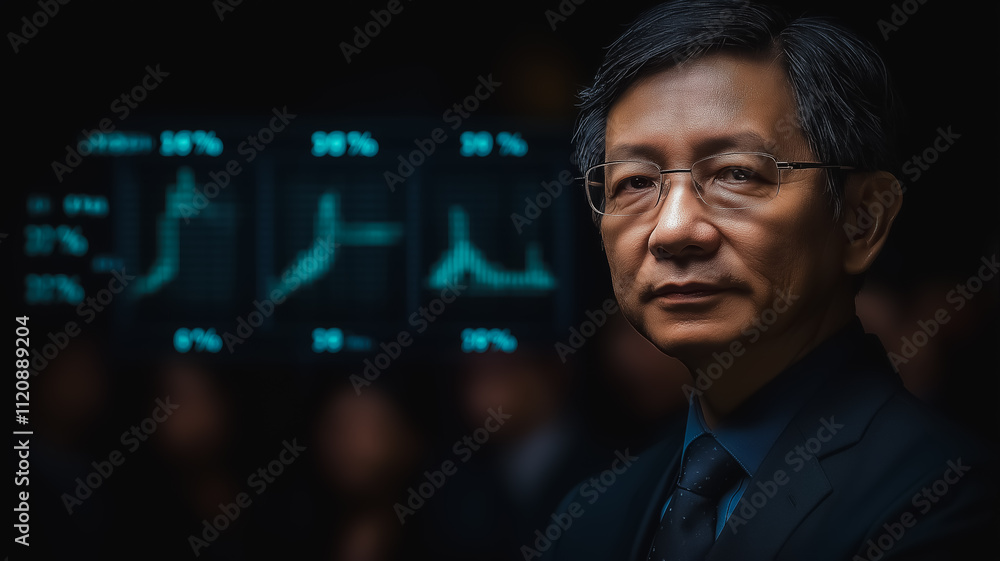 Poster a man is standing in front of a screen with a lot of numbers and graphs. he is wearing a suit and ti