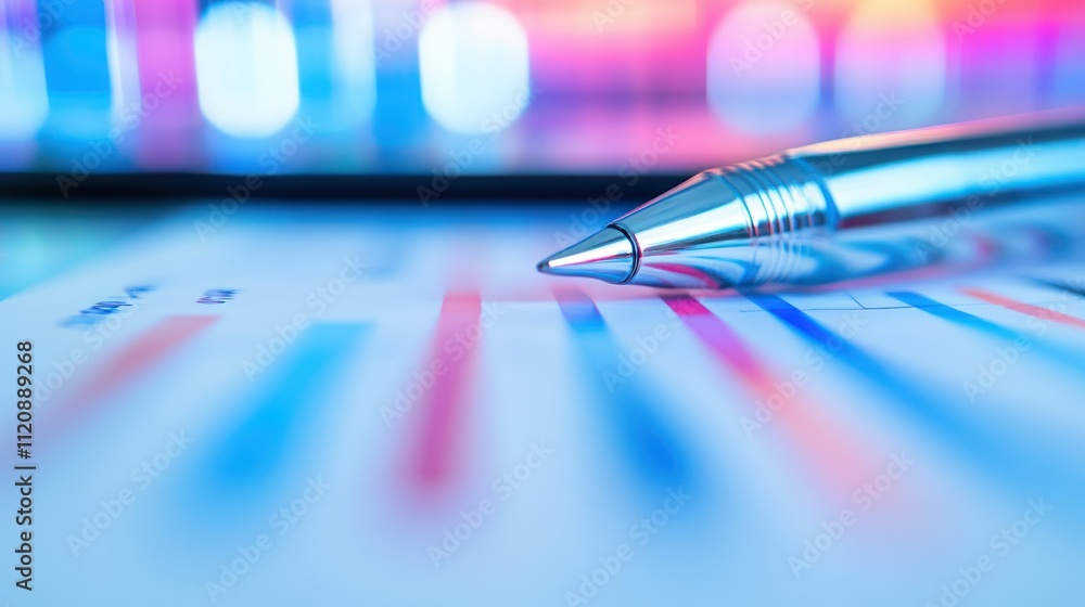 Aufkleber a close-up of a pen on a document with colorful graphs, suggesting analysis or reporting.