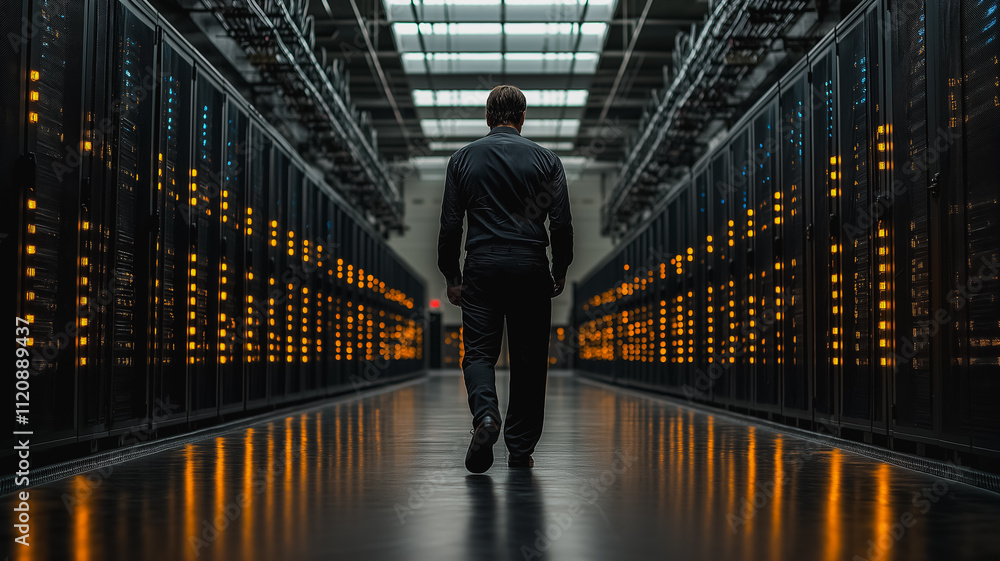 Aufkleber a man walks through a long hallway of computer servers. the servers are lit up in orange, creating a