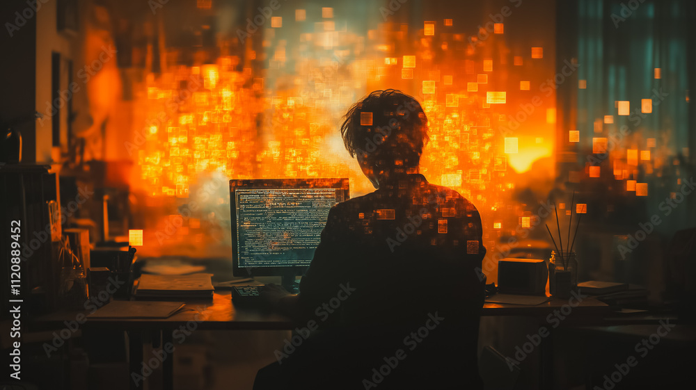 Poster a man is sitting at a desk with a laptop in front of him. the laptop screen is displaying a computer