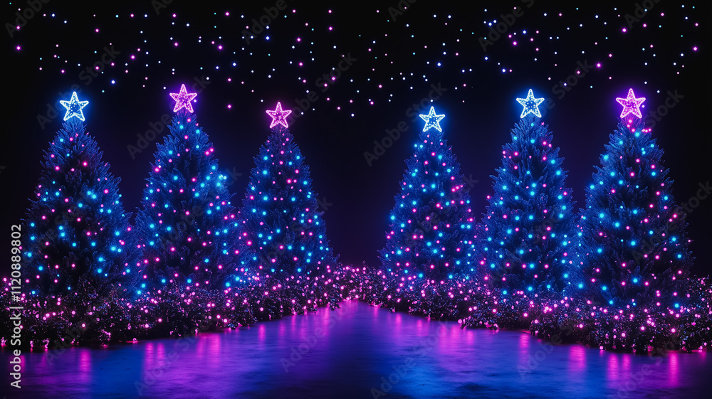 Poster a row of blue and purple christmas trees with lights on them. the trees are lit up and arranged in a