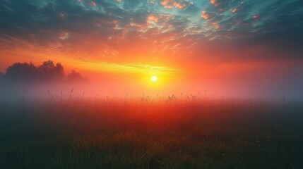 Tranquil Sunrise Over a Misty Field with Vibrant Colors and Dramatic Clouds Illuminating the Early Morning Sky in a Serene Nature Landscape