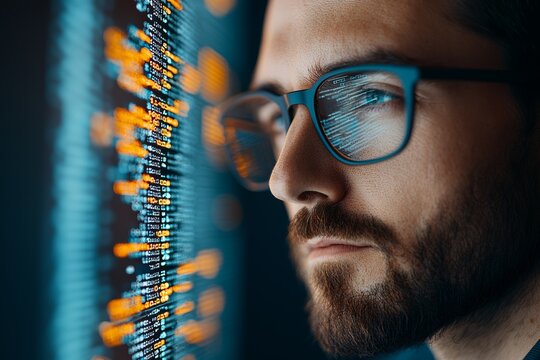 Intense focus: Cybersecurity developer crafting intricate blockchain security codes with precision - Powered by Adobe