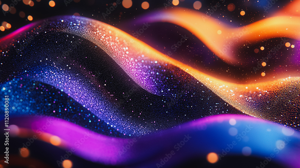 Canvas Prints A colorful wave of glittery material. The colors are purple, blue, and orange. The glitter is scattered all over the wave, giving it a dreamy, ethereal appearance