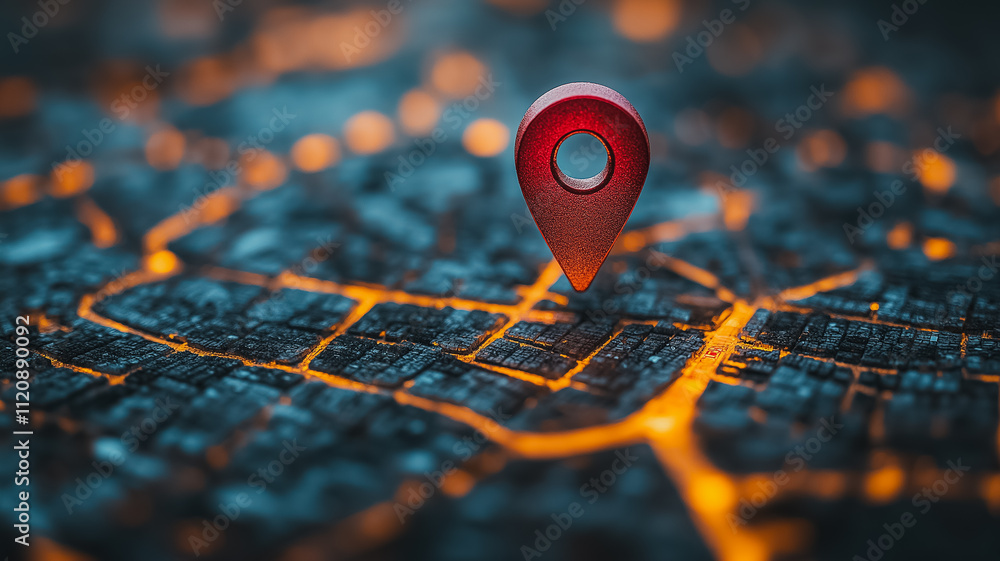 Poster a red dot is placed on a map of a city. the dot is a marker for a specific location