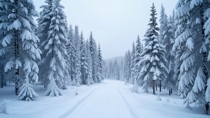 Serene Snow-Covered Pine Forest in Carpathian Mountains, Cross-Country Skiing Trail