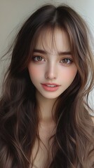 Fototapeta premium Selfie of a Pretty Asian Woman with Long Hair in Casual Fashion and Natural Makeup