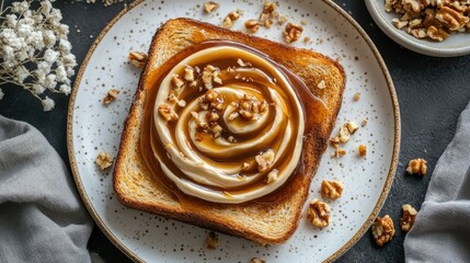 Fototapeta premium Delicious Toast with Creamy Topping and Chopped Nuts on Plate