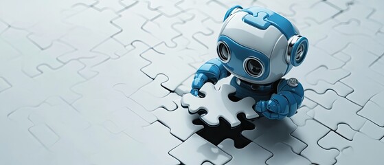 Robot placing puzzle piece, problem-solving concept.