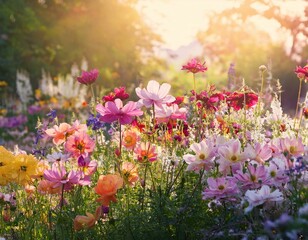 Fototapeta premium A dreamy garden filled with vibrant blooming flowers in a soft, pastel color palette under warm sunlight