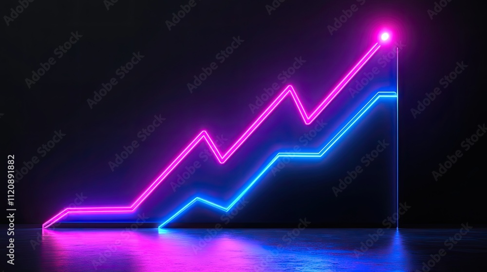 Poster neon colored graph with arrow showing growth on dark background