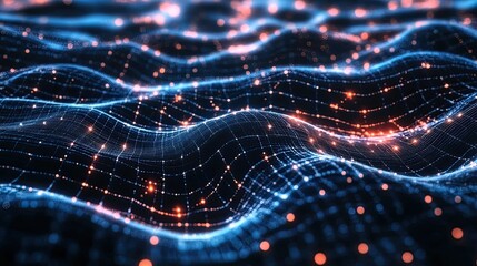 Abstract Digital Landscape with Glowing Waves and Dots in Blue