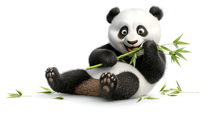 Fototapeta premium A cartoon panda bear is sitting on the ground and eating bamboo