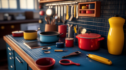 Colorful Kitchenware Arranged On Modern Blue Countertop