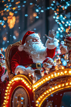Santa Claus waving to children from a brightly lit Christmas parade float, surrounded by festive lights and decorations 