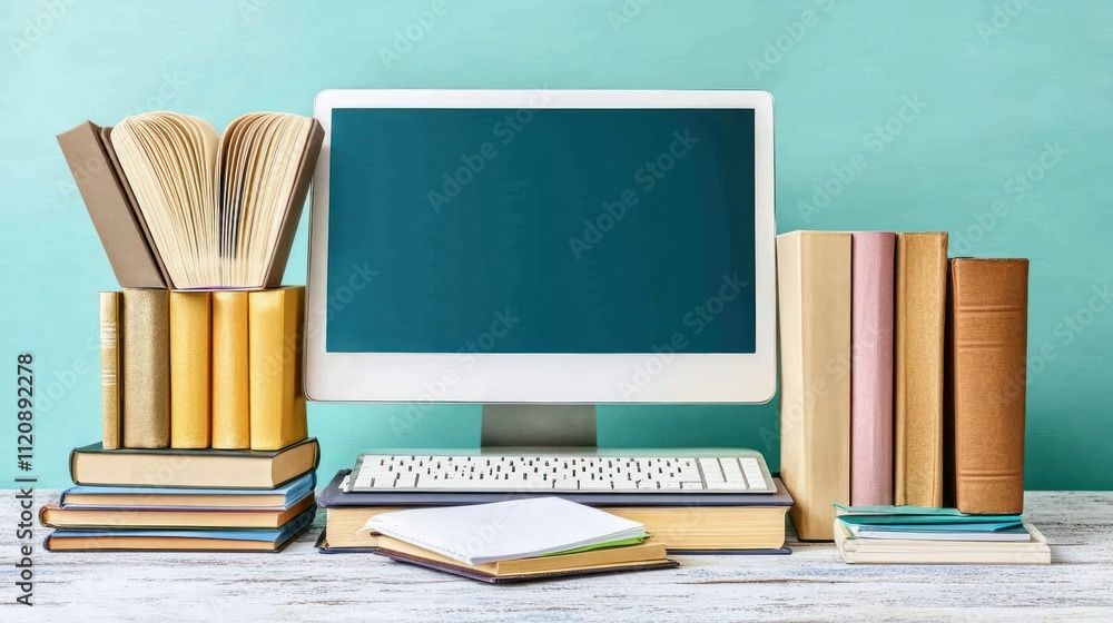 Aufkleber a workspace featuring books and a computer, symbolizing study and productivity.