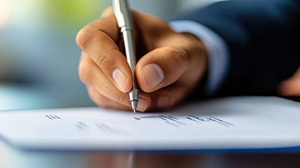 Close-up of Hand Holding Pen Signing Document on Wooden Table