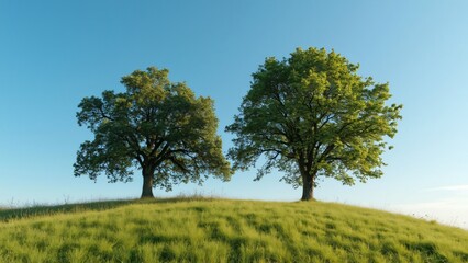 Obraz premium Two Majestic Oak Trees on Sunny Hilltop - Idyllic Summer Landscape Photo