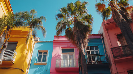 Colorful Buildings and Palm Trees Under a Sunny Sky