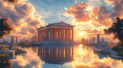 Fototapeta premium Olympus Ancient Greek Temple Ruins Sunrise Mythology Art Divine Gods Landscape