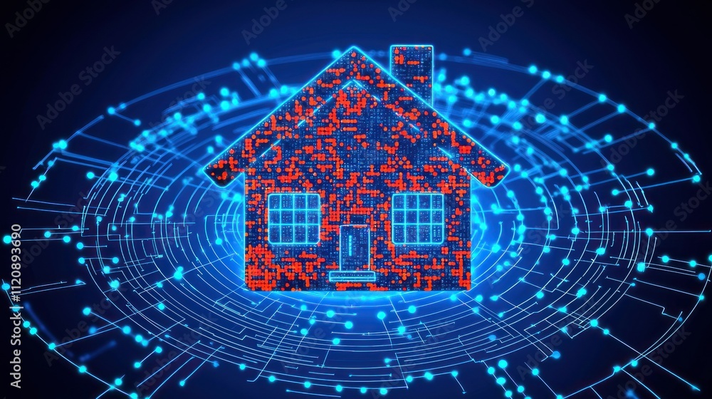 Poster a digital representation of a house surrounded by a network of interconnected nodes.
