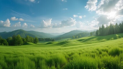 Fototapeta premium Stunning Panoramic View, Lush Green Rolling Hills, Blue Sky, and Fluffy Clouds - 