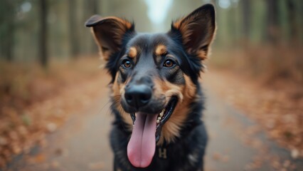 Adorable Mixed-Breed Dog Portrait, Black and Brown Fur, Tongue Out, Forest Path Background