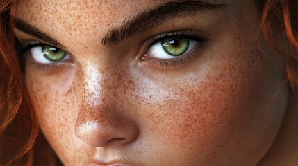 Fototapeta premium Close-up of a freckled woman's face, green eyes. Ideal for beauty, fashion, and health projects needing a natural look.