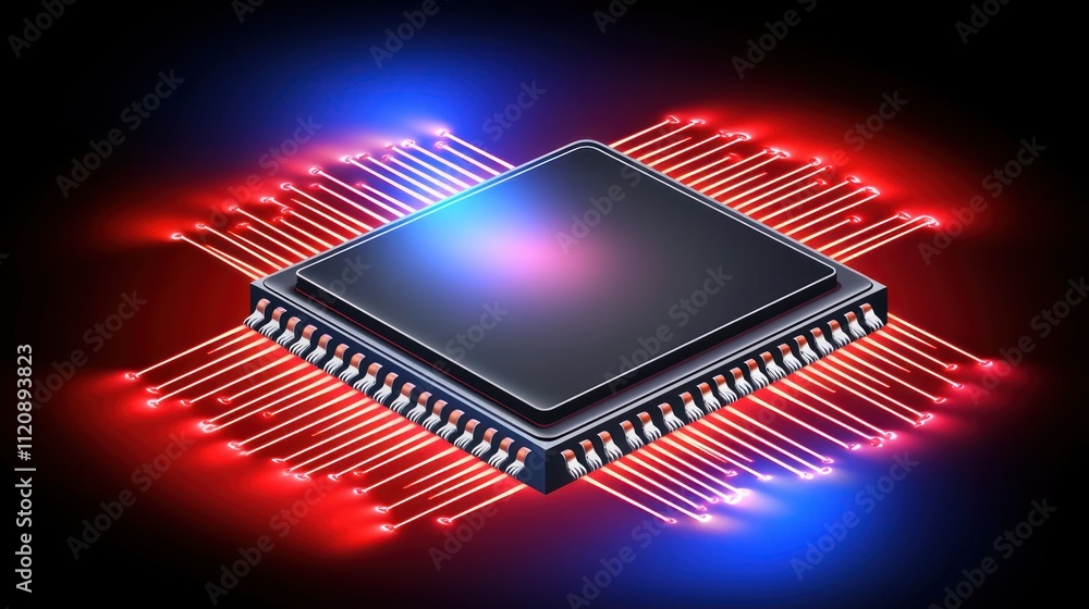 Poster a digital microchip surrounded by glowing data lines, symbolizing technology and innovation.