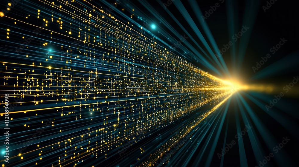 Poster abstract representation of light beams and particles, suggesting speed and energy.